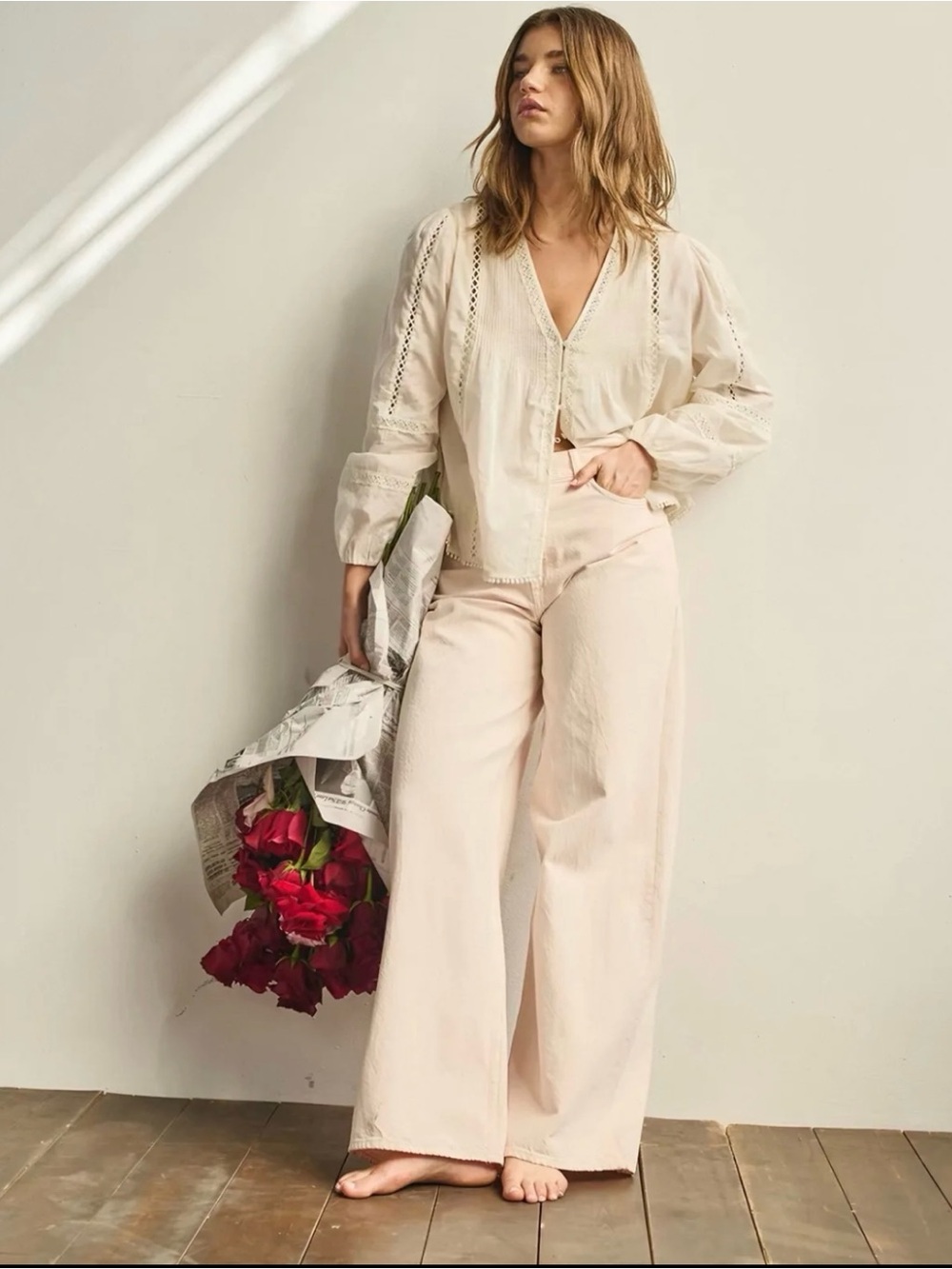 Abercrombie & Fitch rustic long sleeve blouse with embroidery detail in cream